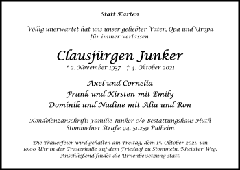 Anzeige von Clausjürgen Junker von Kölner Stadt-Anzeiger / Kölnische Rundschau / Express