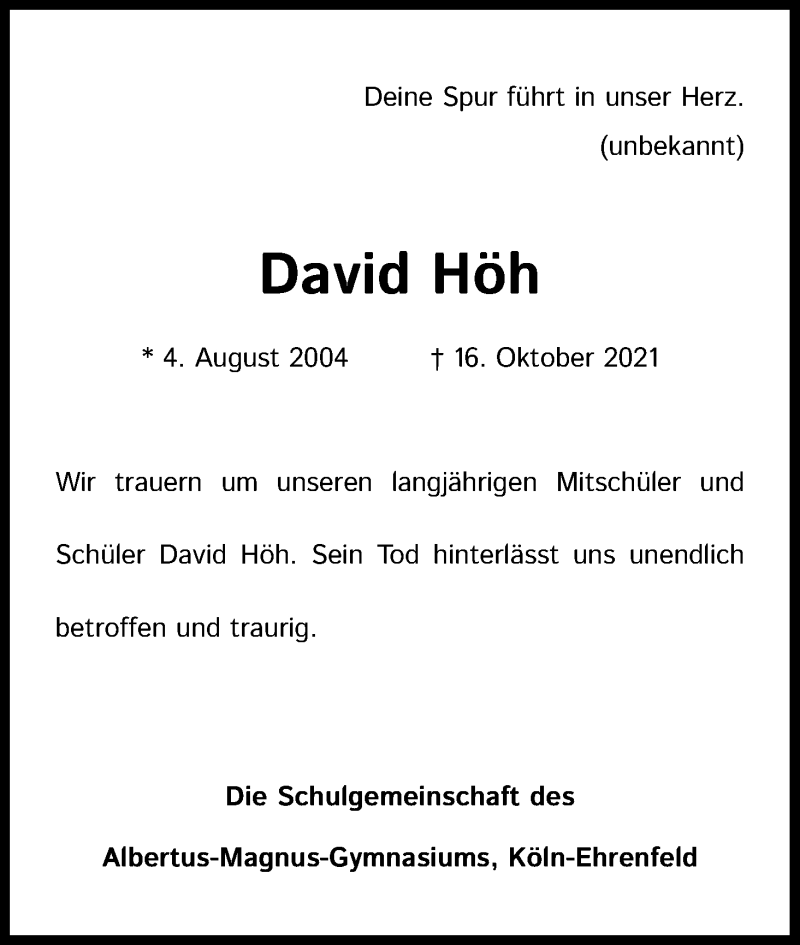  Traueranzeige für David Höh vom 23.10.2021 aus Kölner Stadt-Anzeiger / Kölnische Rundschau / Express