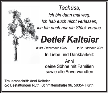 Anzeige von Detlef Kalteier von  Wochenende  Schlossbote/Werbekurier 