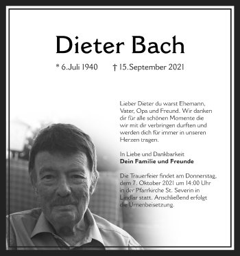 Anzeige von Dieter Bach von Kölner Stadt-Anzeiger / Kölnische Rundschau / Express