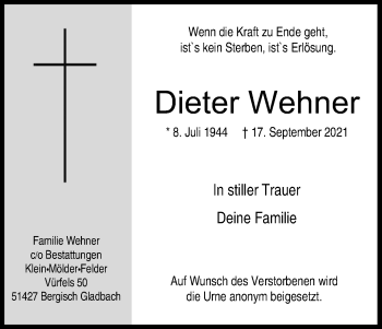 Anzeige von Dieter Wehner von Kölner Stadt-Anzeiger / Kölnische Rundschau / Express