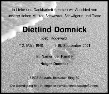 Anzeige von Dietlind Domnick von Kölner Stadt-Anzeiger / Kölnische Rundschau / Express