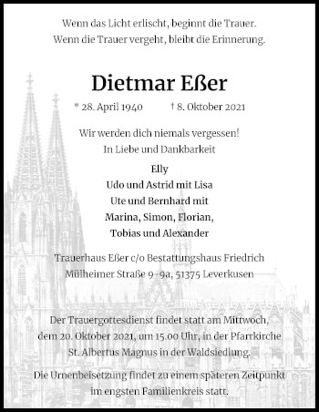 Anzeige von Dietmar Eßer von Kölner Stadt-Anzeiger / Kölnische Rundschau / Express