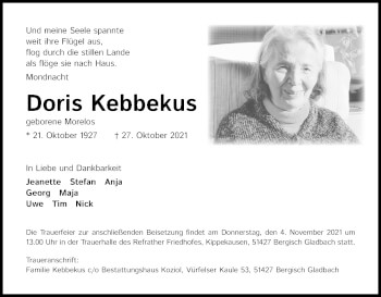 Anzeige von Doris Kebbekus von Kölner Stadt-Anzeiger / Kölnische Rundschau / Express