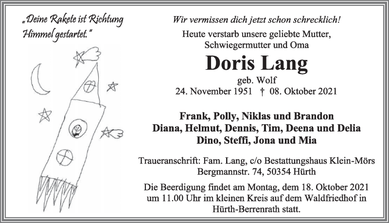  Traueranzeige für Doris Lang vom 15.10.2021 aus  Wochenende 