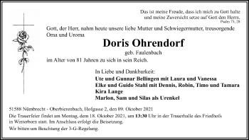 Anzeige von Doris Ohrendorf von Kölner Stadt-Anzeiger / Kölnische Rundschau / Express