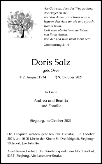Anzeige von Doris Salz von Kölner Stadt-Anzeiger / Kölnische Rundschau / Express