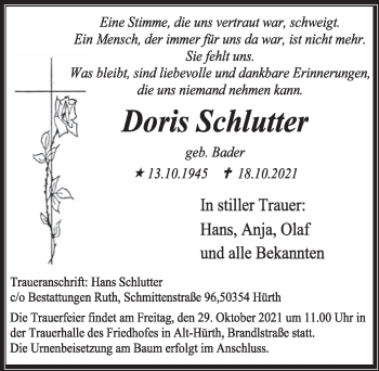 Anzeige von Doris Schlutter von  Wochenende 