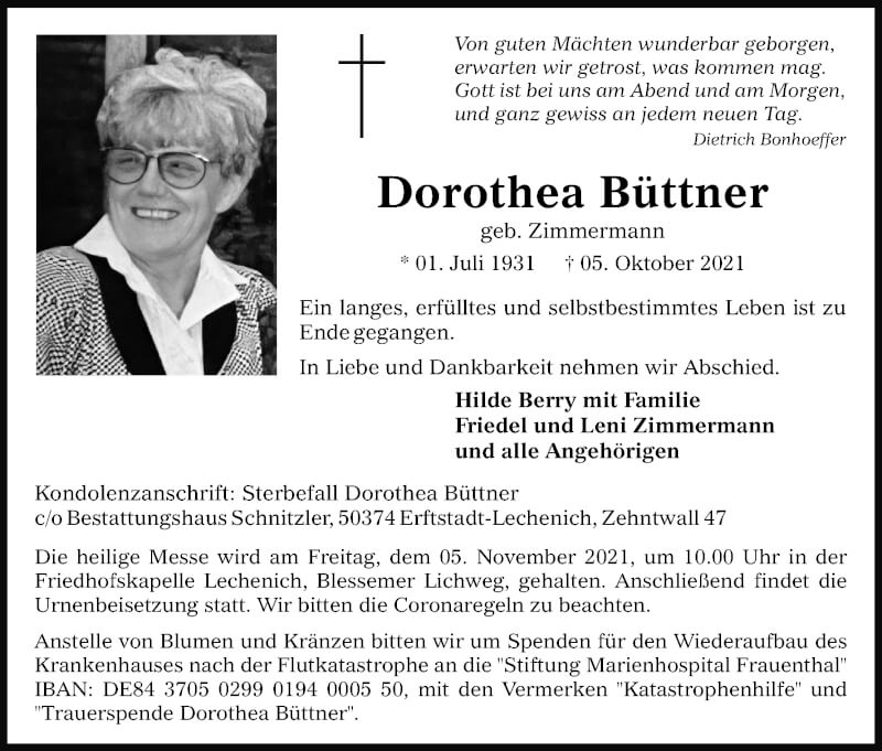  Traueranzeige für Dorothea Büttner vom 18.07.2023 aus Kölner Stadt-Anzeiger / Kölnische Rundschau / Express