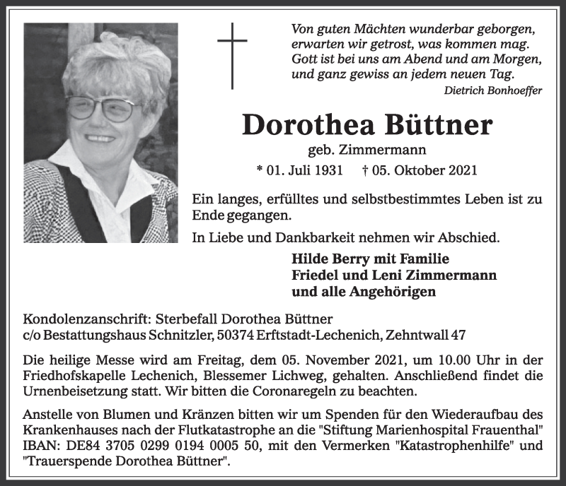  Traueranzeige für Dorothea Büttner vom 18.07.2023 aus  Werbepost 