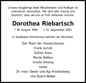 Anzeige von Dorothea Riebartsch von Kölner Stadt-Anzeiger / Kölnische Rundschau / Express