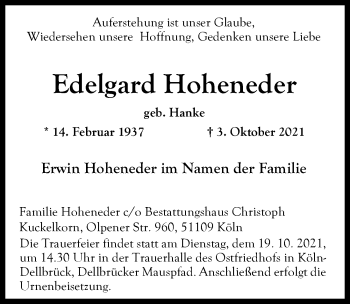 Anzeige von Edelgard Hoheneder von  Kölner Wochenspiegel 