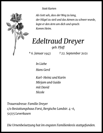 Anzeige von Edeltraud Dreyer von Kölner Stadt-Anzeiger / Kölnische Rundschau / Express