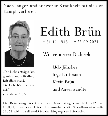 Anzeige von Edith Brün von Kölner Stadt-Anzeiger / Kölnische Rundschau / Express