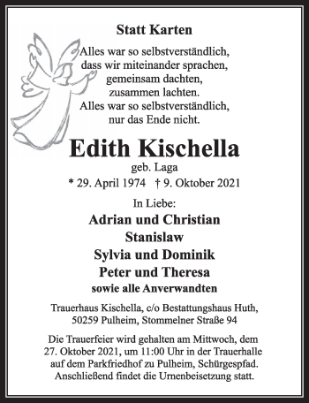 Anzeige von Edith Kischella von  Wochenende 