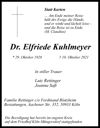 Anzeige von Elfriede Kuhlmeyer von Kölner Stadt-Anzeiger / Kölnische Rundschau / Express