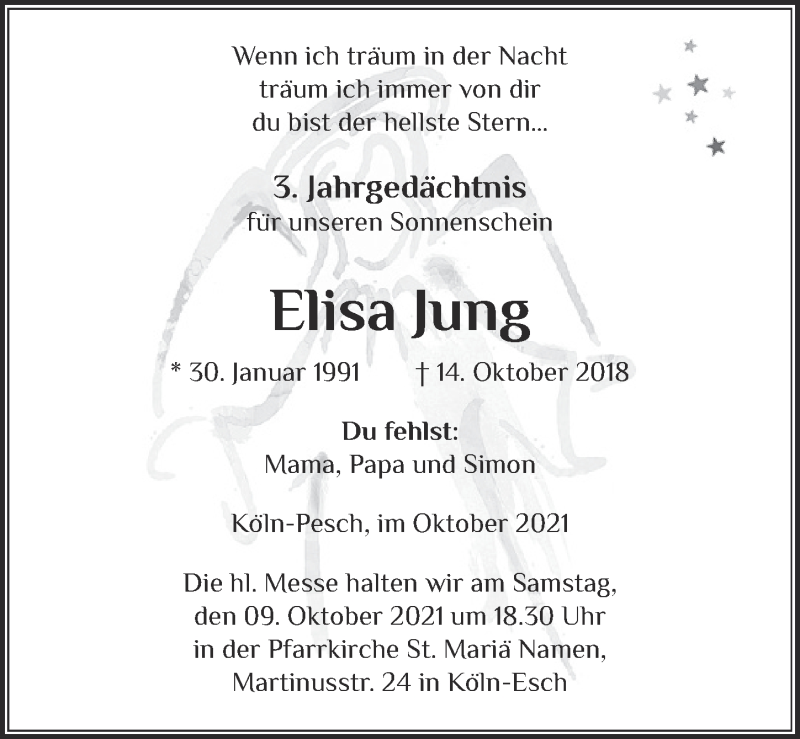  Traueranzeige für Elisa Jung vom 08.10.2021 aus  Kölner Wochenspiegel 