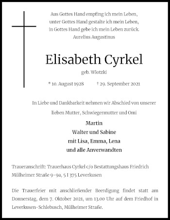 Anzeige von Elisabeth Cyrkel von Kölner Stadt-Anzeiger / Kölnische Rundschau / Express