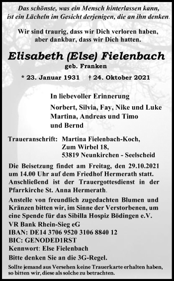 Anzeige von Elisabeth Fielenbach von Kölner Stadt-Anzeiger / Kölnische Rundschau / Express