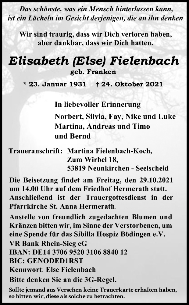  Traueranzeige für Elisabeth Fielenbach vom 27.10.2021 aus Kölner Stadt-Anzeiger / Kölnische Rundschau / Express
