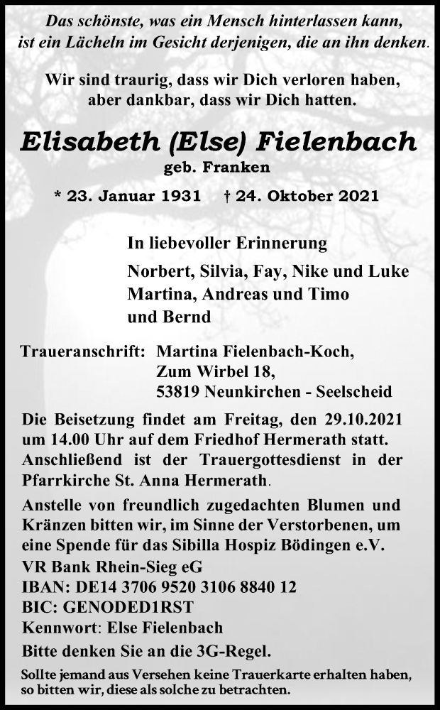  Traueranzeige für Elisabeth Fielenbach vom 18.07.2023 aus Kölner Stadt-Anzeiger / Kölnische Rundschau / Express
