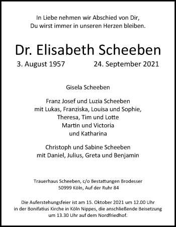 Anzeige von Elisabeth Scheeben von Kölner Stadt-Anzeiger / Kölnische Rundschau / Express