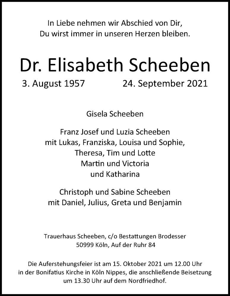 Traueranzeige für Elisabeth Scheeben vom 09.10.2021 aus Kölner Stadt-Anzeiger / Kölnische Rundschau / Express