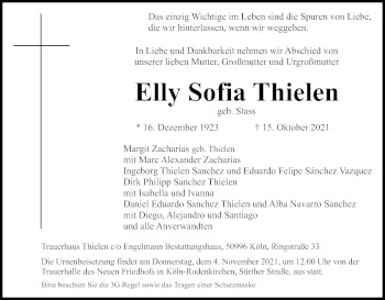 Anzeige von Elly Sofia Thielen von Kölner Stadt-Anzeiger / Kölnische Rundschau / Express