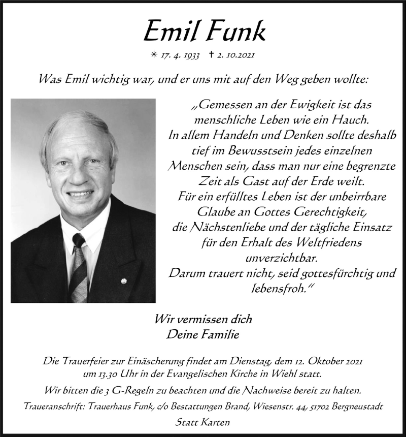  Traueranzeige für Emil Funk vom 08.10.2021 aus  Anzeigen Echo 