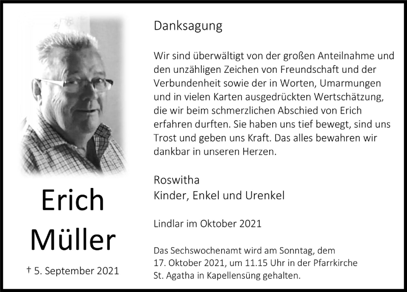  Traueranzeige für Erich Müller vom 15.10.2021 aus  Anzeigen Echo 