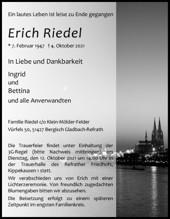 Anzeige von Erich Riedel von Kölner Stadt-Anzeiger / Kölnische Rundschau / Express