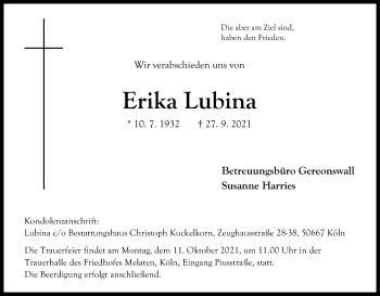 Anzeige von Erika Lubina von Kölner Stadt-Anzeiger / Kölnische Rundschau / Express
