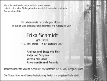Anzeige von Erika Schmidt von  Anzeigen Echo 