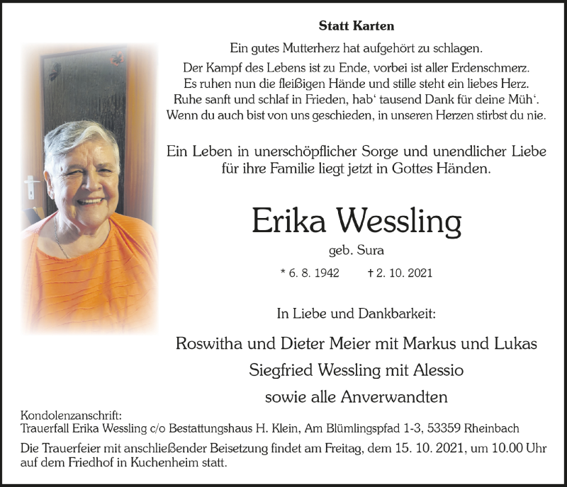  Traueranzeige für Erika Wessling vom 09.10.2021 aus  Blickpunkt Euskirchen 