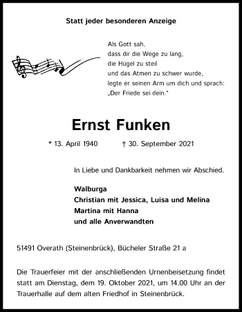 Anzeige von Ernst Funken von Kölner Stadt-Anzeiger / Kölnische Rundschau / Express