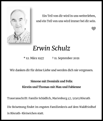 Anzeige von Erwin Schulz von Kölner Stadt-Anzeiger / Kölnische Rundschau / Express