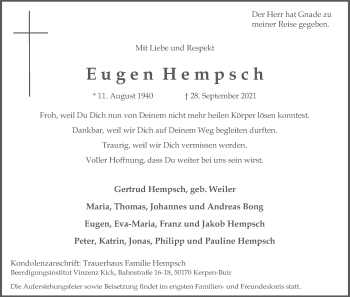 Anzeige von Eugen Hempsch von Kölner Stadt-Anzeiger / Kölnische Rundschau / Express