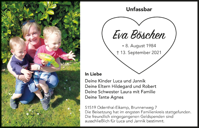  Traueranzeige für Eva Böschen vom 22.10.2021 aus  Bergisches Handelsblatt 