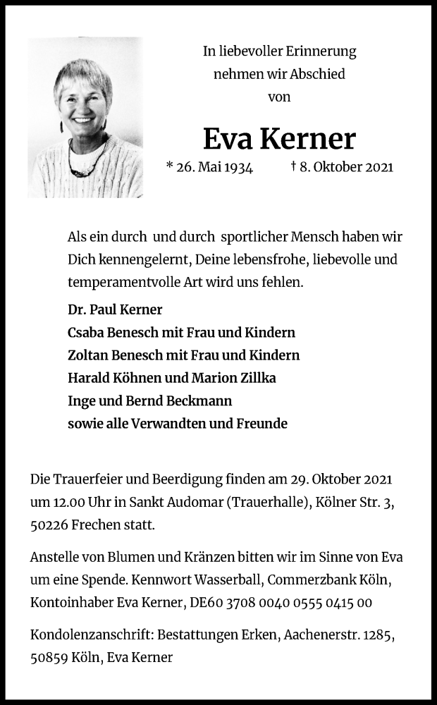  Traueranzeige für Eva Kerner vom 23.10.2021 aus Kölner Stadt-Anzeiger / Kölnische Rundschau / Express