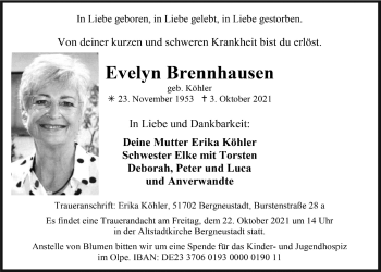 Anzeige von Evelyn Brennhausen von  Anzeigen Echo 