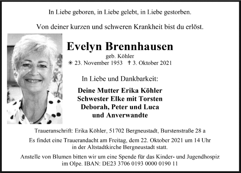 Traueranzeige für Evelyn Brennhausen vom 15.10.2021 aus  Anzeigen Echo 