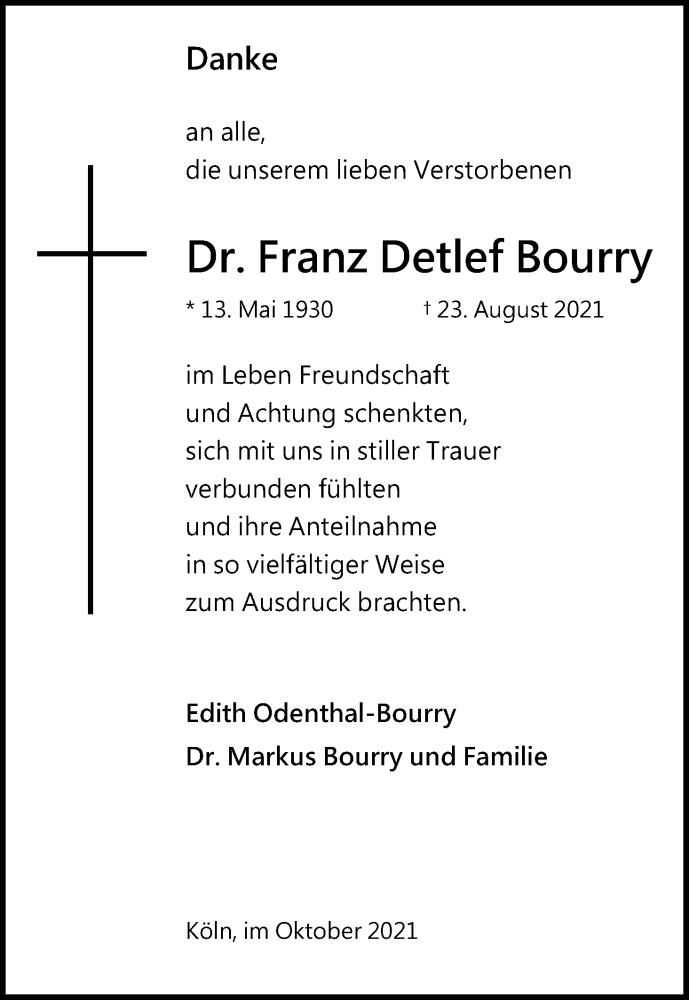  Traueranzeige für Franz Detlef Bourry vom 09.10.2021 aus Kölner Stadt-Anzeiger / Kölnische Rundschau / Express