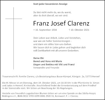 Anzeige von Franz Josef Clarenz von Kölner Stadt-Anzeiger / Kölnische Rundschau / Express