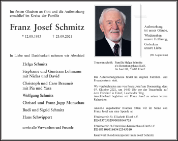 Anzeige von Franz Josef Schmitz von Kölner Stadt-Anzeiger / Kölnische Rundschau / Express