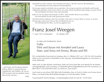 Anzeige von Franz Josef Weegen von Kölner Stadt-Anzeiger / Kölnische Rundschau / Express