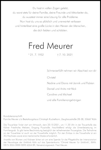 Anzeige von Fred Meurer von Kölner Stadt-Anzeiger / Kölnische Rundschau / Express