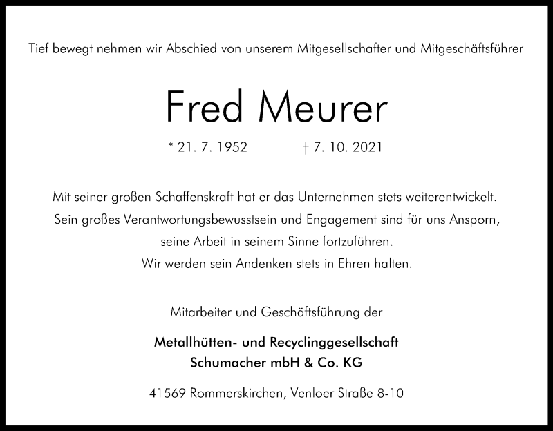  Traueranzeige für Fred Meurer vom 20.10.2021 aus Kölner Stadt-Anzeiger / Kölnische Rundschau / Express
