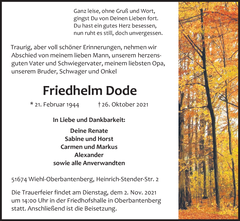  Traueranzeige für Friedhelm Dode vom 28.10.2021 aus Kölner Stadt-Anzeiger / Kölnische Rundschau / Express