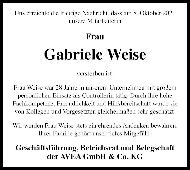  Traueranzeige für Gabriele Weise vom 16.10.2021 aus Kölner Stadt-Anzeiger / Kölnische Rundschau / Express