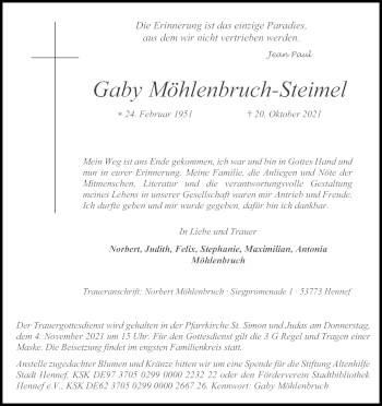 Anzeige von Gaby Möhlenbruch-Steimel von Kölner Stadt-Anzeiger / Kölnische Rundschau / Express